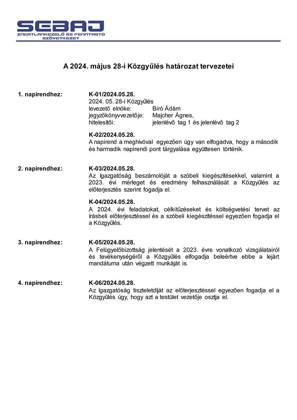 A 2024. évi Közgyűlés határozatok